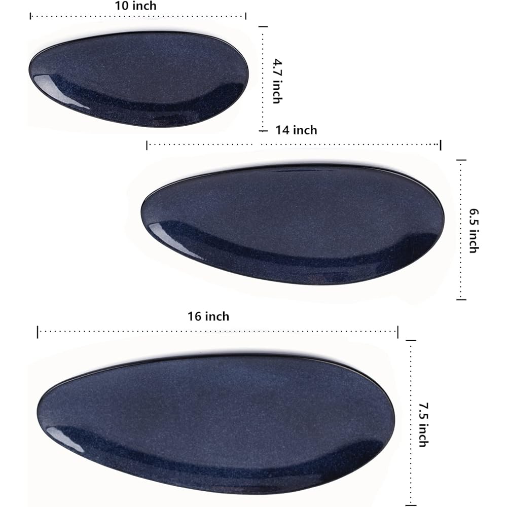 VICRAYS Lot de 3 grands plateaux de service ovales, 40.6 cm/35.6 cm/25.4 cm, en porcelaine pour fête, barbecue, plateaux de service empilables pour apéritifs, sushis, magasin de dessert, bleu : Cuisine et Maison