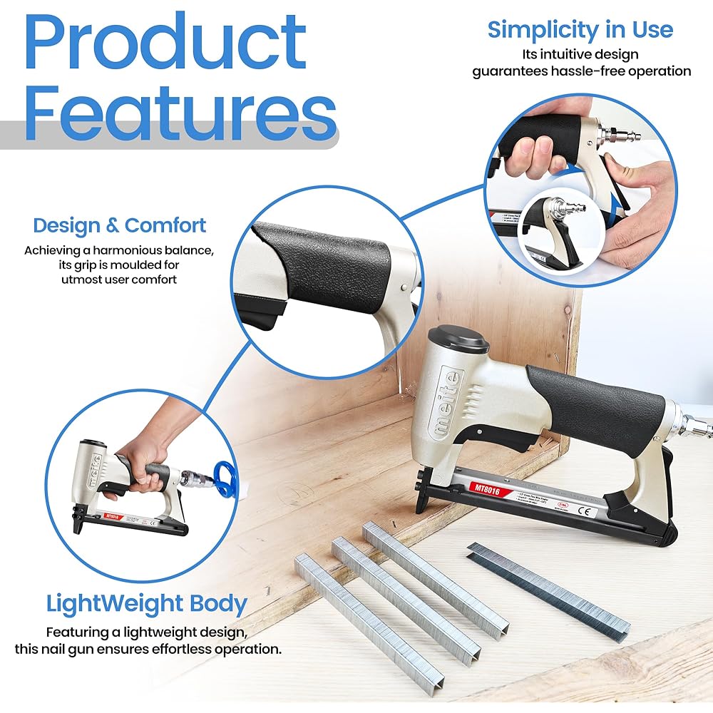 meite MT8016 Agrafeuse Pneumatique Type 80 Agrafeuse Tapissier – Agrafeuse à Air pour Menuiserie et Fabrication de Meubles, Compatible avec type 80/6 mm à 16 mm agrafes : Bricolage