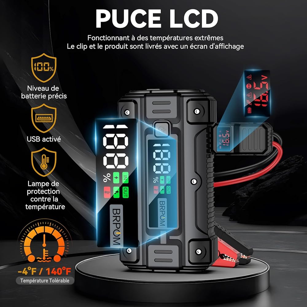 BRPOM Booster Batterie Voiture 5000A, 26800mAh Portable (Jusqu'à 8.5L Diesel & Tout Gaz), 12V Jump Starter, Démarreur de Batterie Avec Grand Ecran, QC 3.0 : Auto et Moto