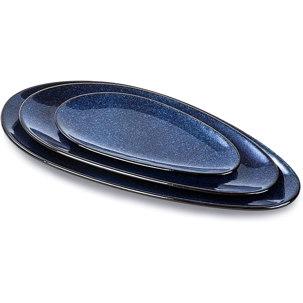 VICRAYS Lot de 3 grands plateaux de service ovales, 40.6 cm/35.6 cm/25.4 cm, en porcelaine pour fête, barbecue, plateaux de service empilables pour apéritifs, sushis, magasin de dessert, bleu : Cuisine et Maison