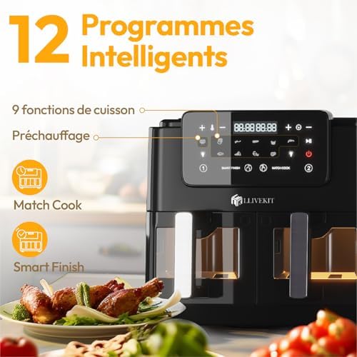 LLIVEKIT Friteuse sans huile 10L, 2 cavités 12-en-1 avec rôtissoire