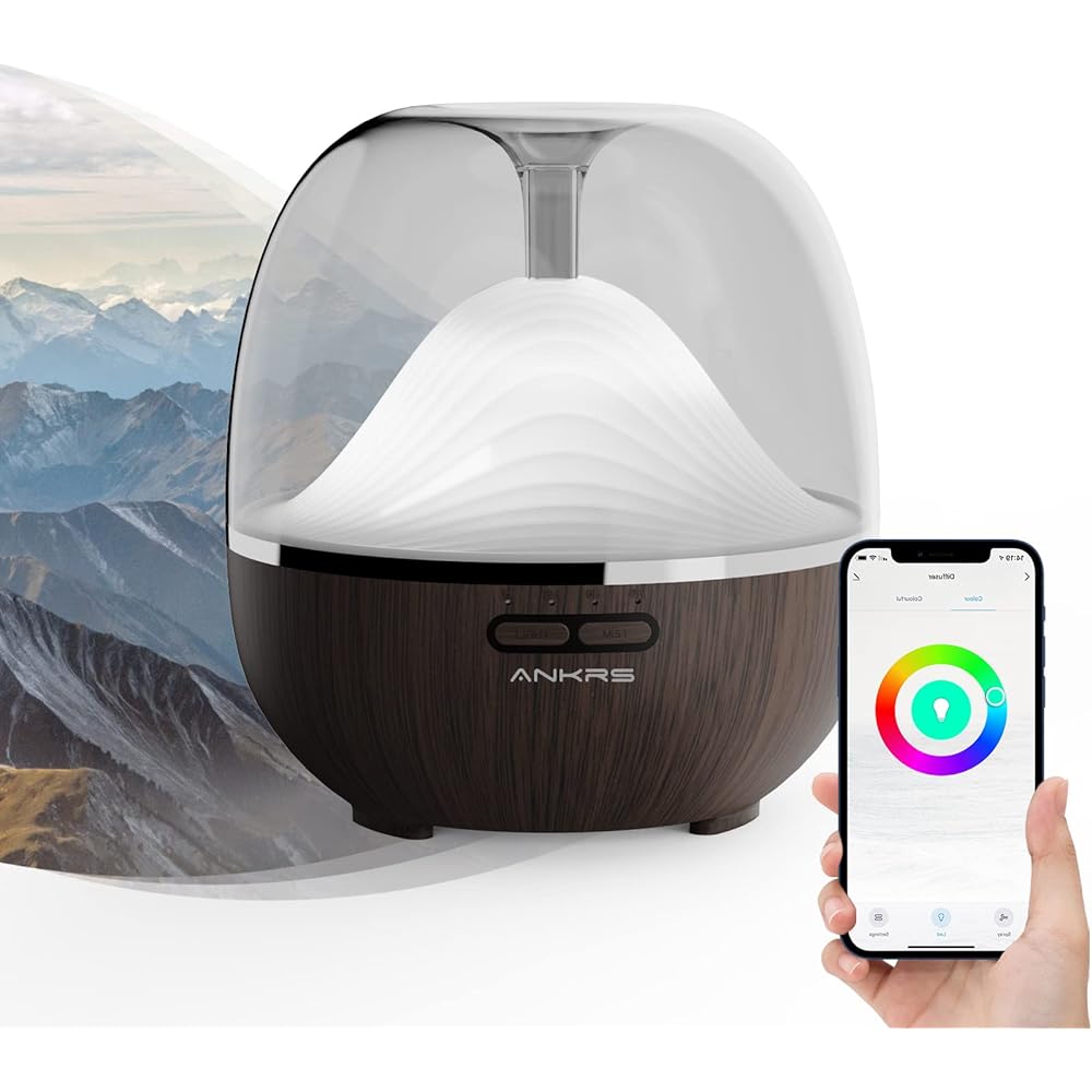 Ankrs Diffuseur d'Huiles Essentielles WiFi, 600ml Humidificateur d'air Compatible avec Alexa/Google Home, Diffuseur Électrique Connecté avec RGB Colorées, Timer et Contrôle à Distance sur l’APP : Hygiène et Santé