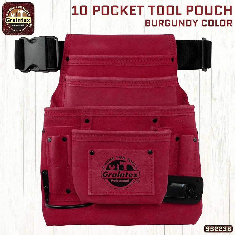 Graintex SS2238 : Pochette à Outils et Clous en Daim de Couleur Bordeaux avec Ceinture de 5,1 cm pour constructeurs, électriciens, plombiers, bricoleurs : Bricolage