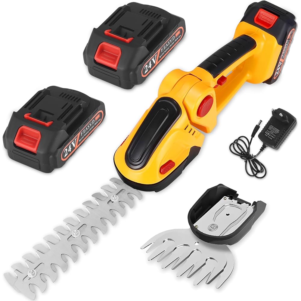 2 en 1 Taille Haie Electrique sans Fil, 24V Cisaille à Gazon sur Batterie Rechargeable avec 2 Lames et Chargeur, 2*Batterie 1500 mAh, Coupe Haie sans Fil pour Arbustes, Jardin, Gazon, Pelouse : Jardin