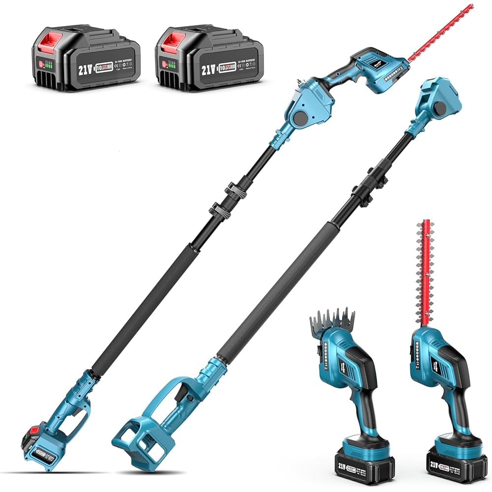 SEESII 3 in 1 Telescopique Taille Haie Batterie, Taille Haie Electrique avec 2 * 4.0Ah Batteries, Portée Jusqu'à 4.87 m, Longueur de Lame 300 mm et 150 mm, Tête Inclinée à 180° : Jardin