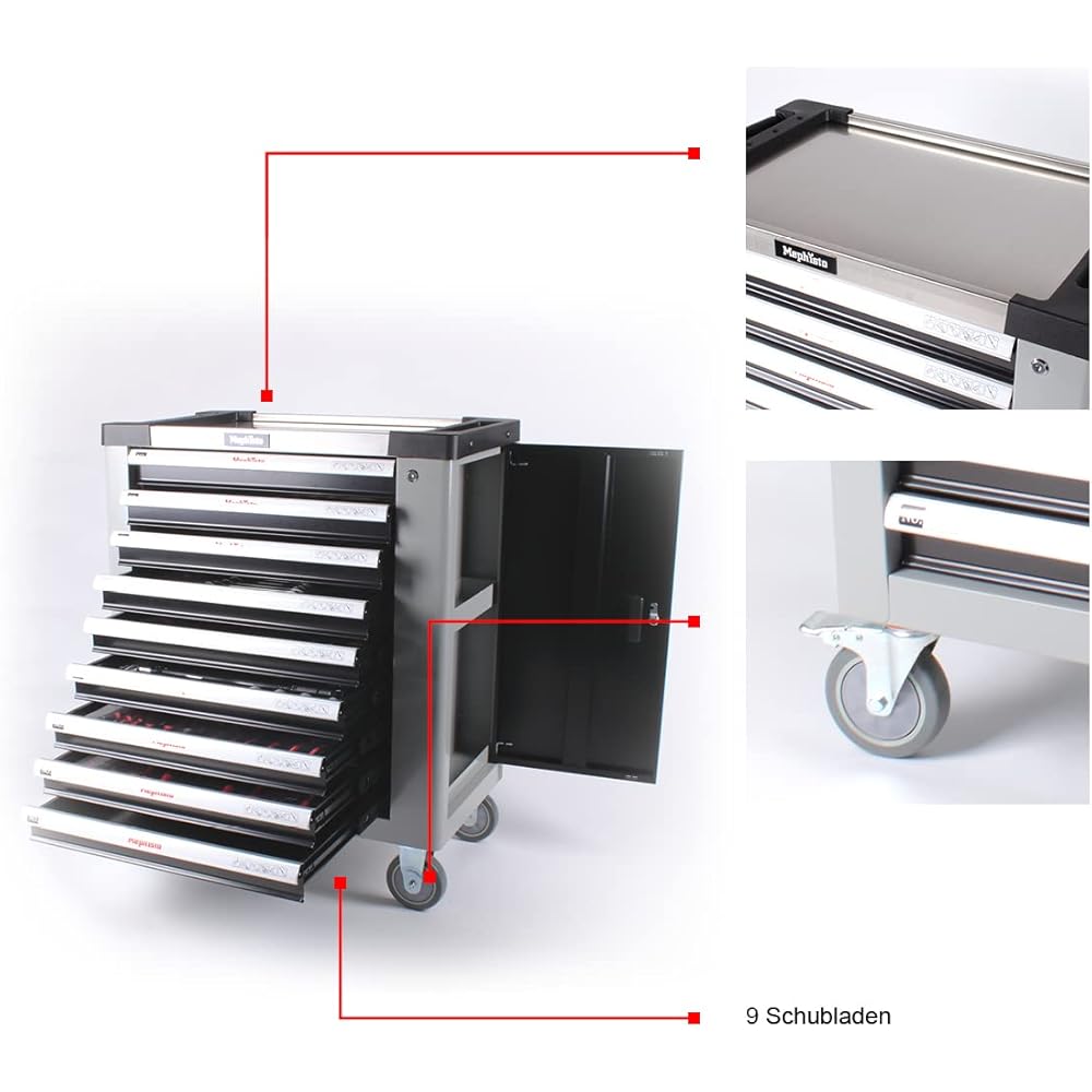 Mephisto Servante d'atelier avec 9 tiroirs, dont 9 tiroirs avec outils tels que clé, cliquet avec boîte à noix, incrustations souples aspect carbone : Bricolage