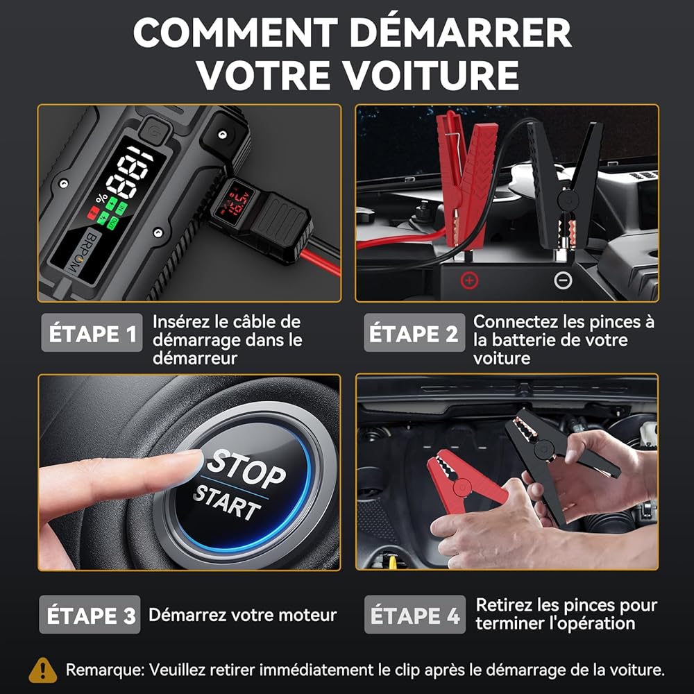 BRPOM Booster Batterie Voiture 5000A, 26800mAh Portable (Jusqu'à 8.5L Diesel & Tout Gaz), 12V Jump Starter, Démarreur de Batterie Avec Grand Ecran, QC 3.0 : Auto et Moto