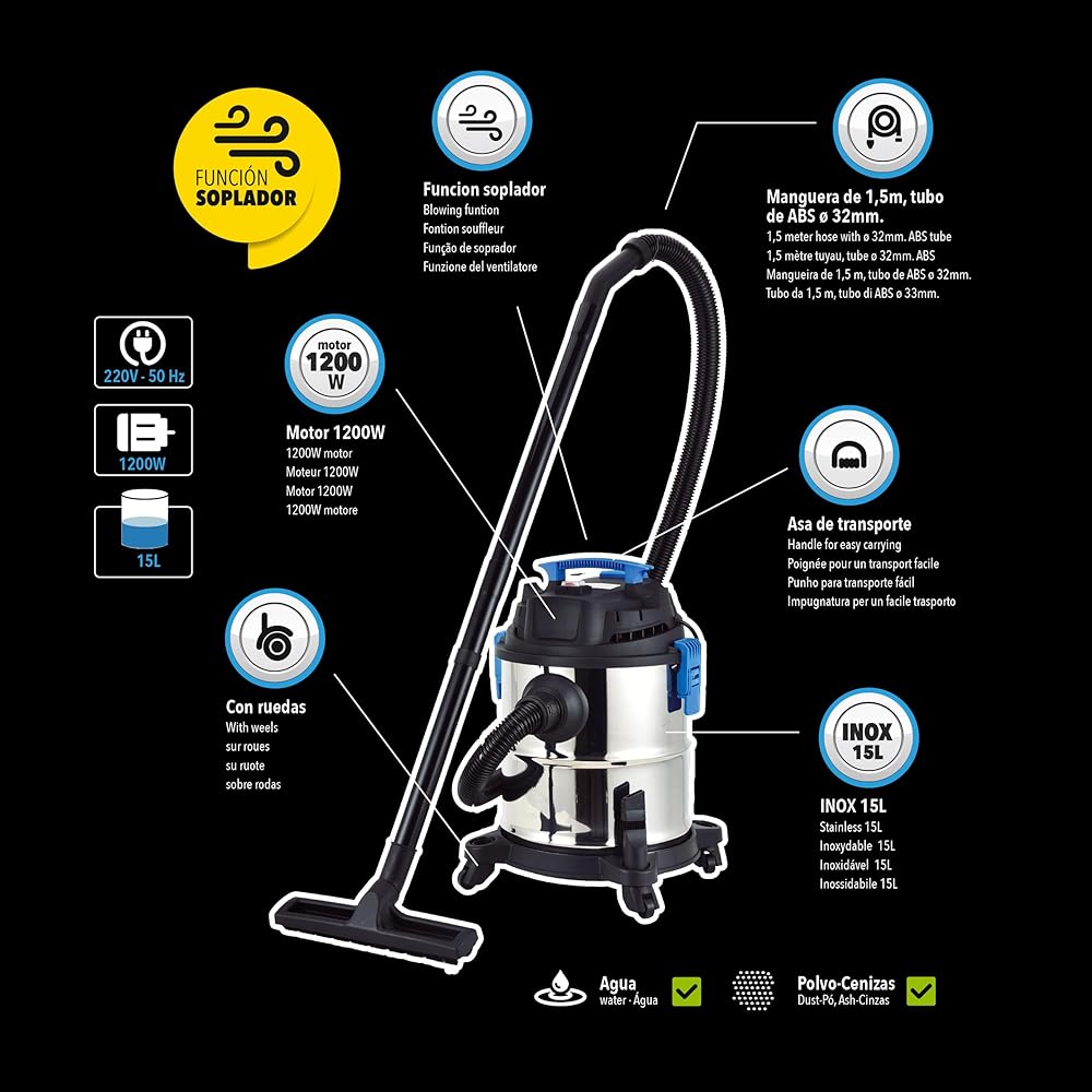 Bikain DIPL15L, Aspirateur 3 en 1-Liquide, Cendres et Poussière, Gris : Cuisine et Maison