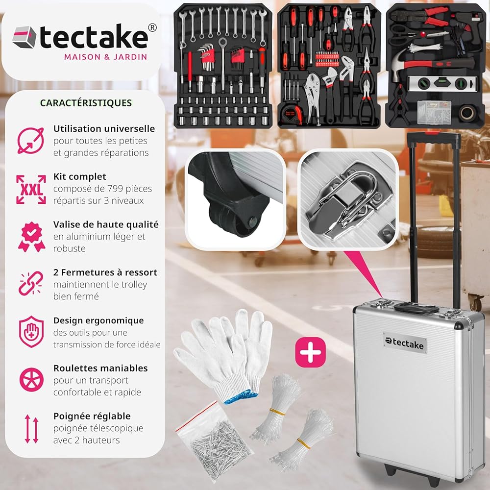 tectake® Caisse à outils sur roulettes Boîte à outils en Aluminium 799 Pièces 3 Compartiments, Rangement atelier Outillage à main Bricolage Embout visseuse Kit tournevis Rangement visserie : Bricolage