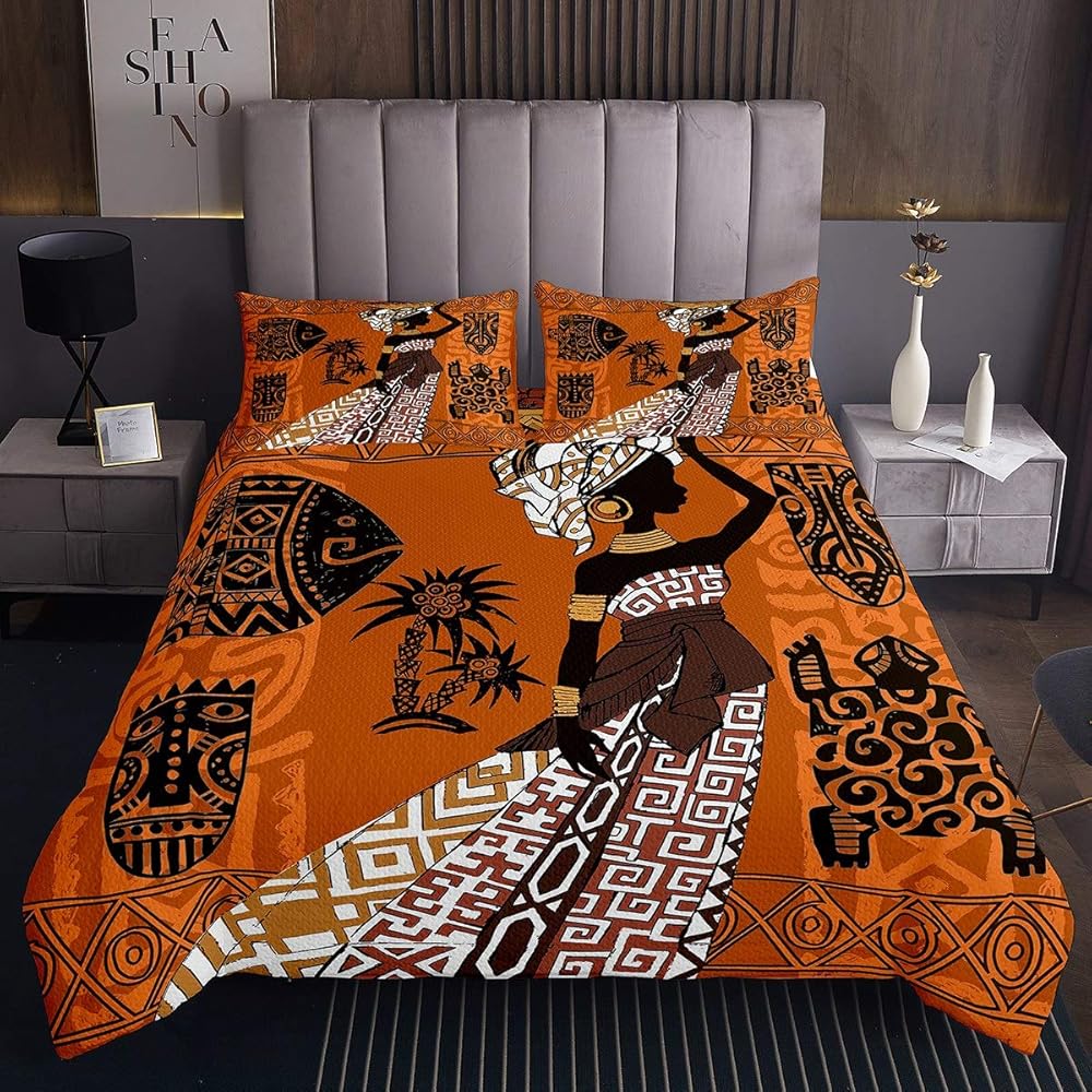 Loussiesd Couvre-lit 3 pièces Double avec Couvre-lit matelassé Ethnique Afro Africain Traditionnel Exotique bohème Tribal en Microfibre de polyester brossé 310 g/m², Orange, Full : Cuisine et Maison