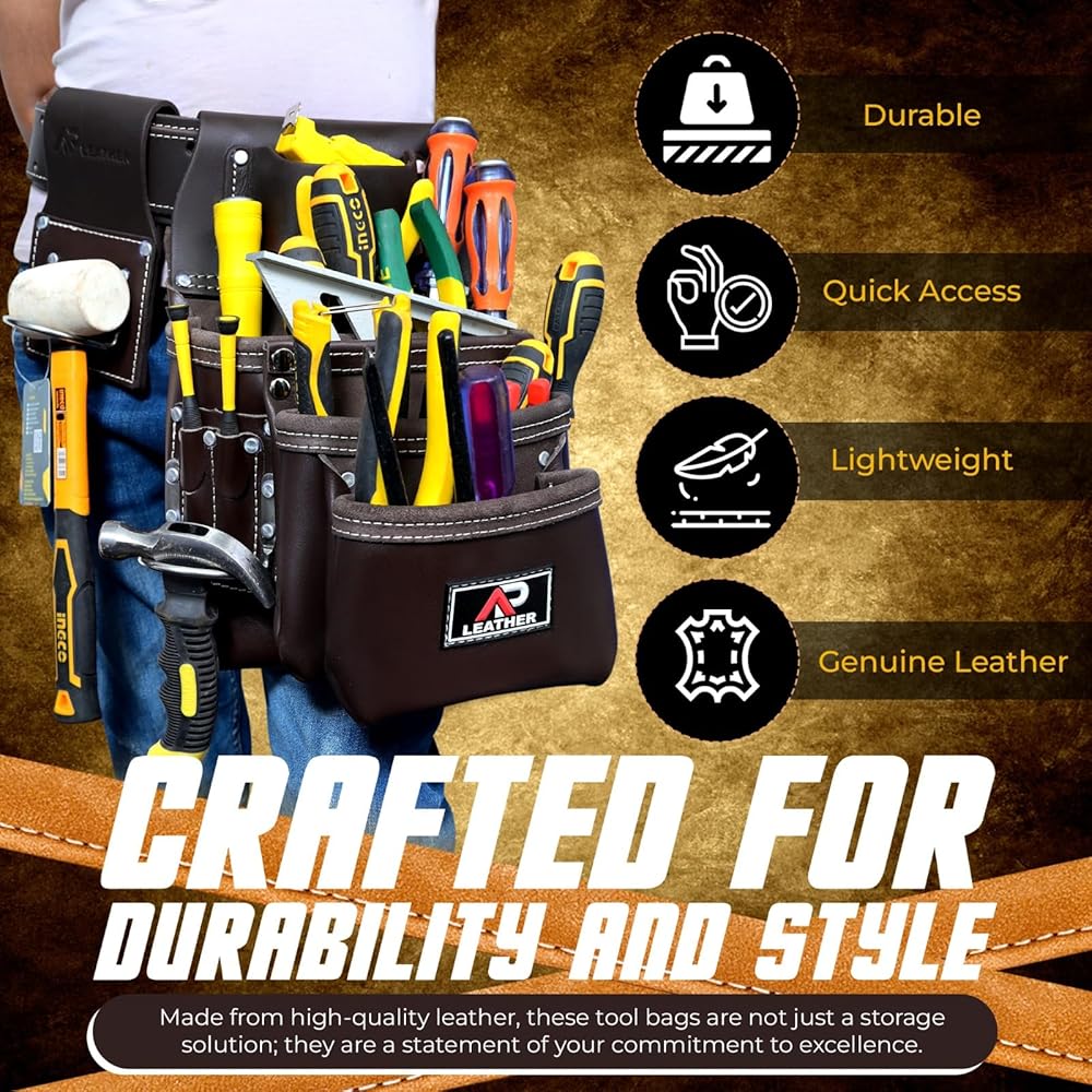 Ap-Leather Pro-302 Ceinture à outils en cuir tanné à l'huile de qualité supérieure, sac à outils de charpentier | Ceinture à outils marron chocolat, 29 poches avec 4 boucles, ceinture à outils de : Bricolage