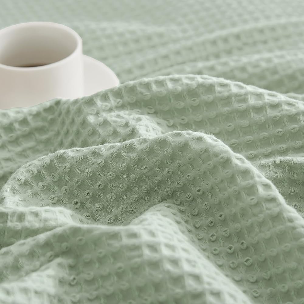 PHF Couverture 100 % coton - 230 x 270 cm - En nid d'abeille douce - Légère - Pour canapé, lit de mer, 230 x 270 cm - Vert herbe : Cuisine et Maison