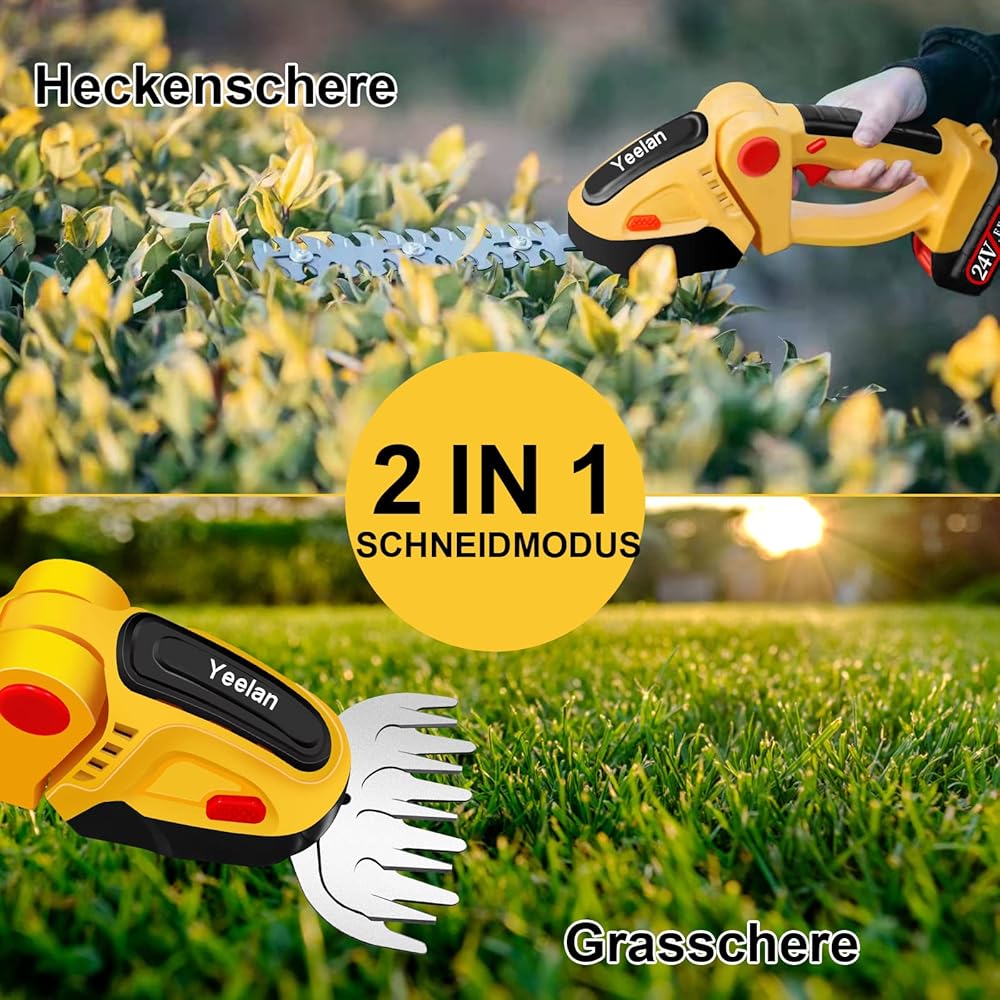 Yeelan Taille-haie électrique sans fil 24 V 2 en 1 avec batterie 2 en 1 - Sécateur électrique portable avec 2 piles rechargeables - Pour jardin, pelouse : Jardin