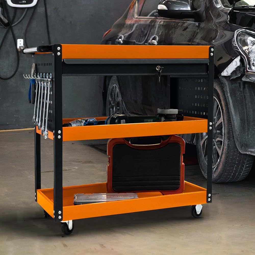 Chariot à Outils 81 x 36 x 79cm Acier Thermolaqué 3 Niveaux Capacité Totale 150KG - Tiroir Verrouillable - Servante sur roulettes Atelier Garage Bricolage Rangement [6 Crochets & 2 Clés Inclus] : Bricolage