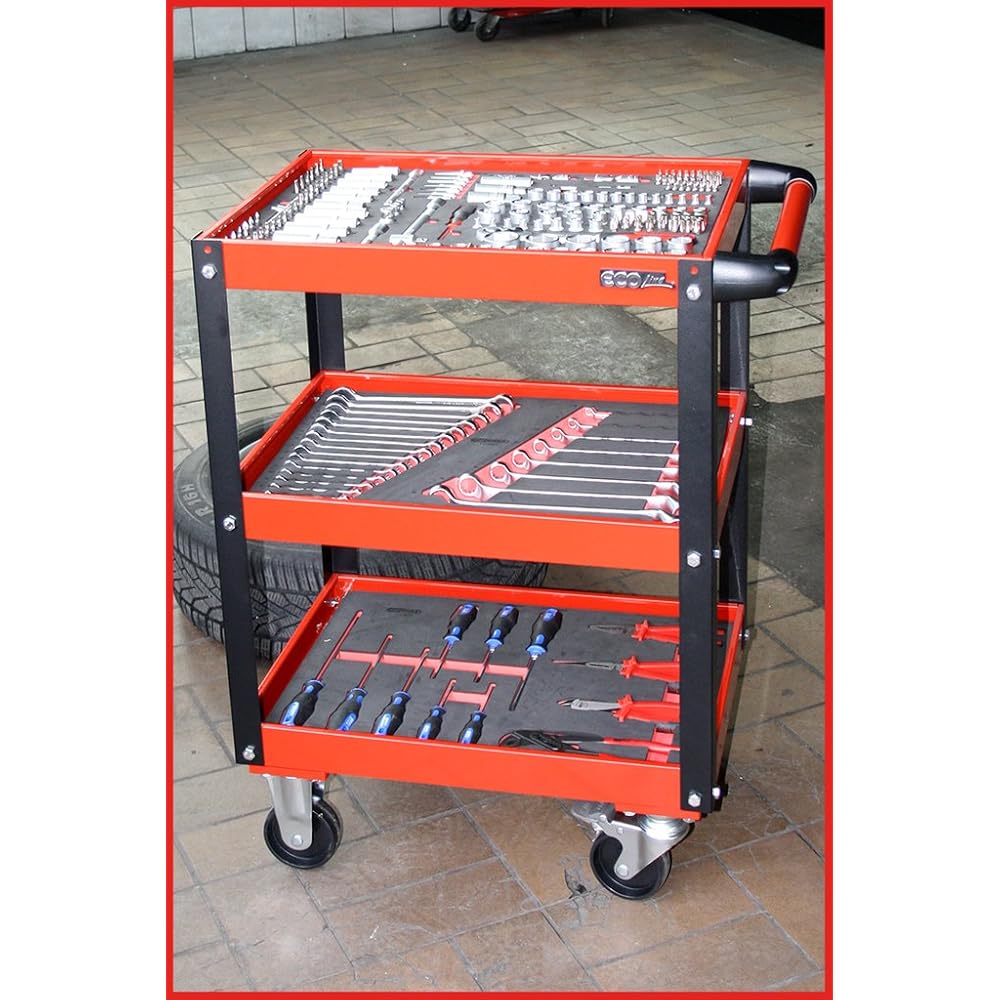 KS TOOLS 890.0001 - Chariot d'atelier métal - Plateaux à rebords - Avec poignée latérale - Avec 4 roues directionnelles - En acier Couleur : Commerce, Industrie et Science