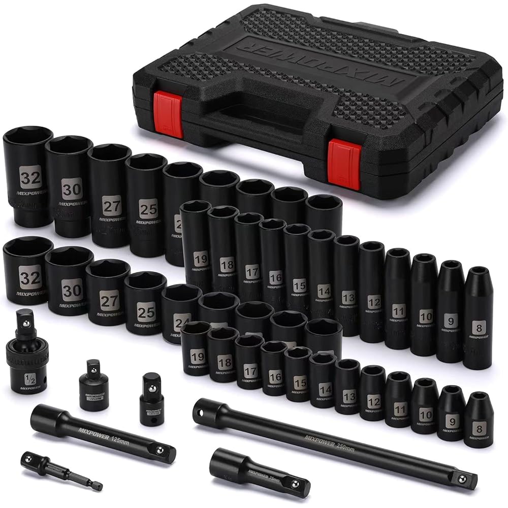 MIXPOWER Lot de 49 douilles à choc 1/2" profondes/peu profondes, (8 mm-32 mm), CR-V, métrique, comprend des barres d'extension, des adaptateurs, un joint universel à impact : Bricolage