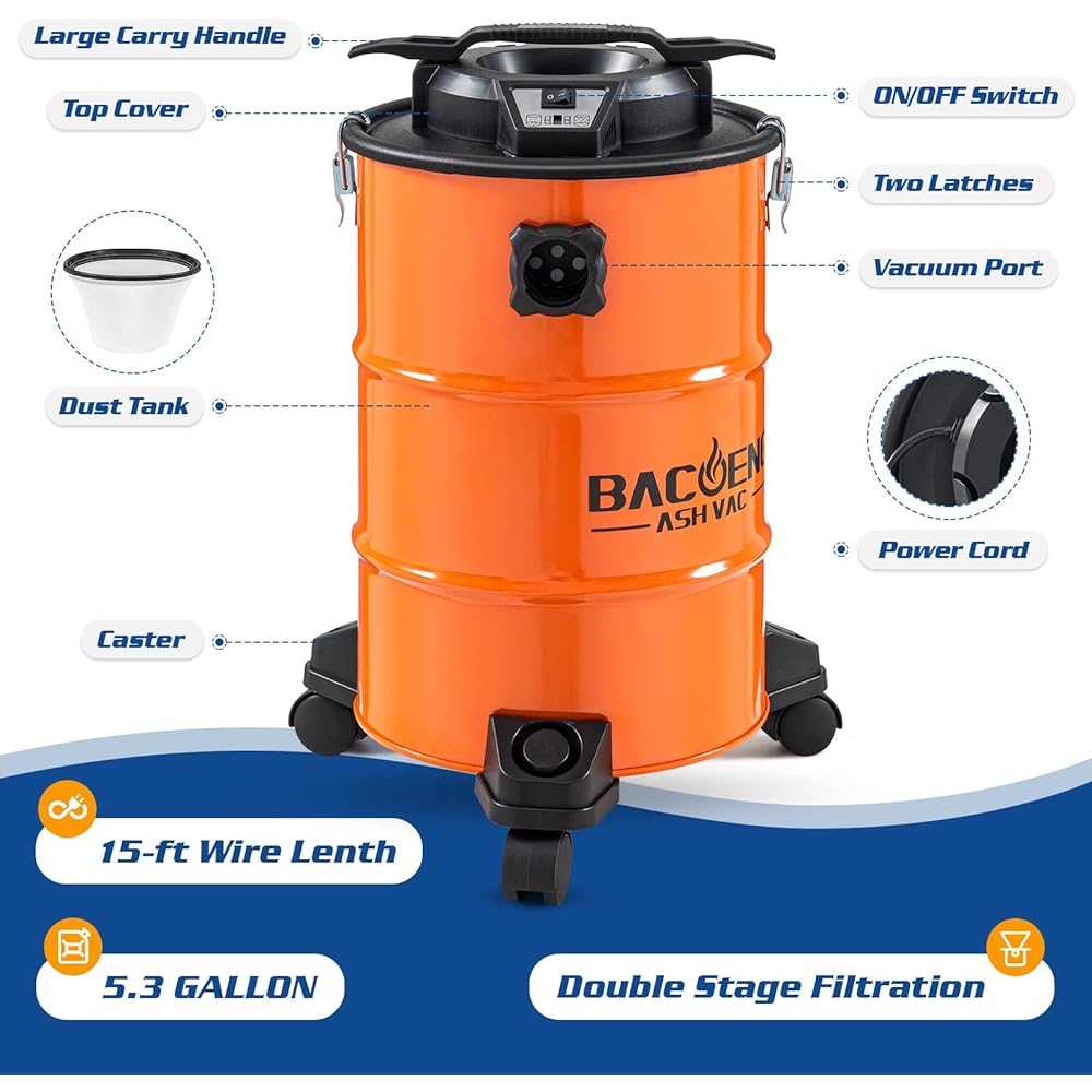 BACOENG Aspirateur Cendre avec Système de Filtration Double, 1200W, 20L : Cuisine et Maison