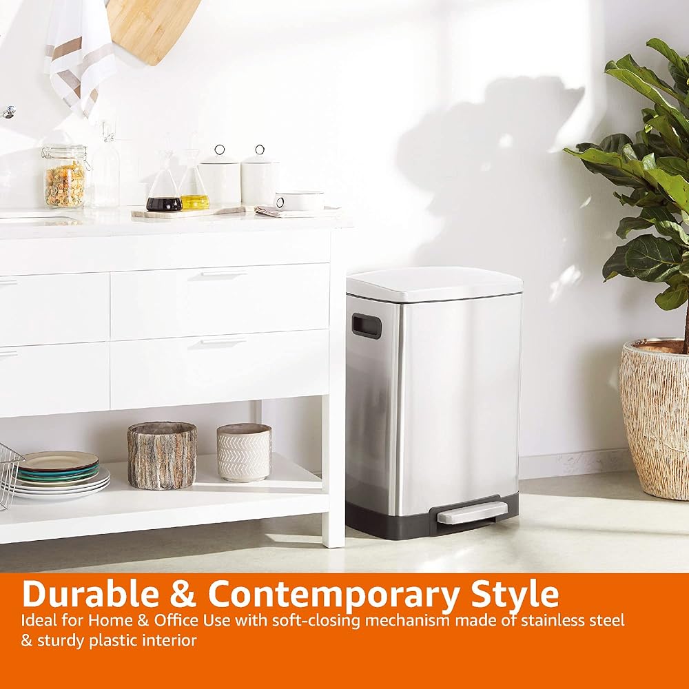 Amazon Basics Poubelle de recyclage rectangulaire à pédale avec 2 compartiments et couvercle à fermeture douce, 25 L & 15 L (40L), argent : Cuisine et Maison