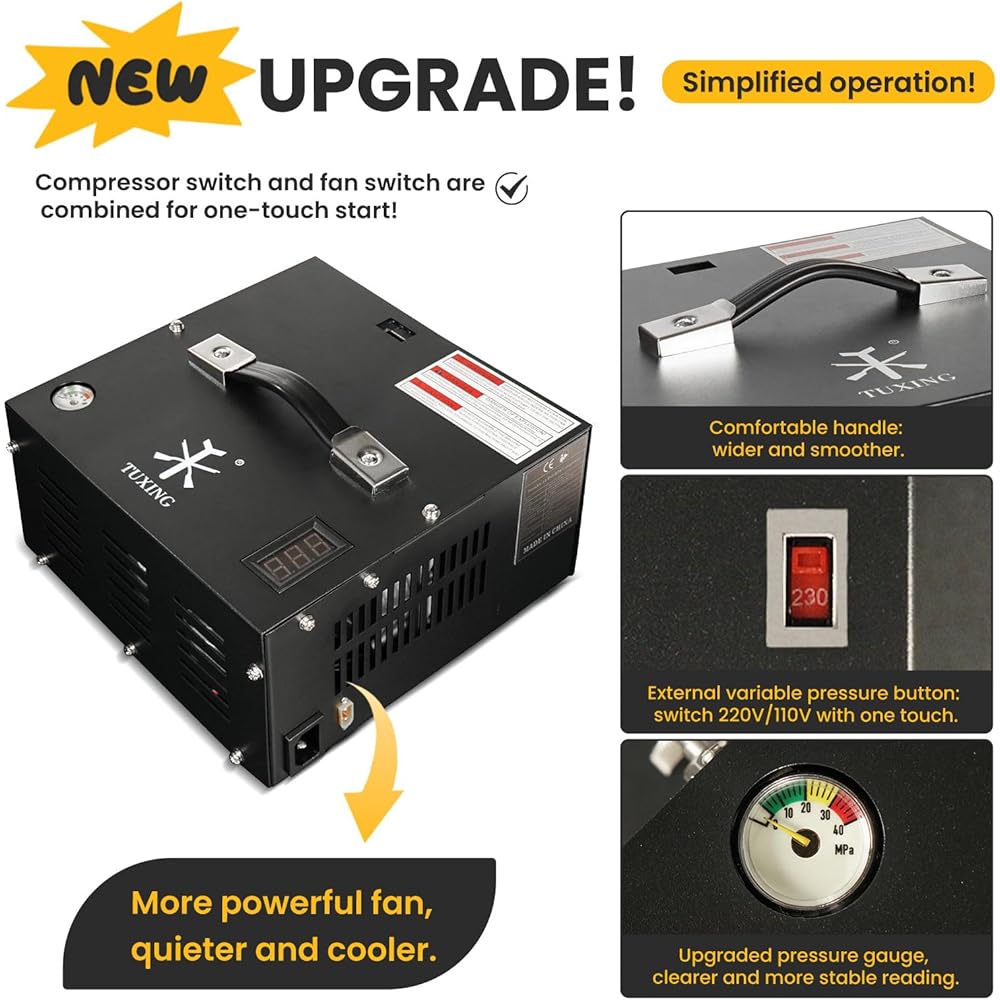 TUXING Compresseur d'air PCP 4500 PSI 30 MPa alimentation 12 V DC et 220 V AC avec adaptateur