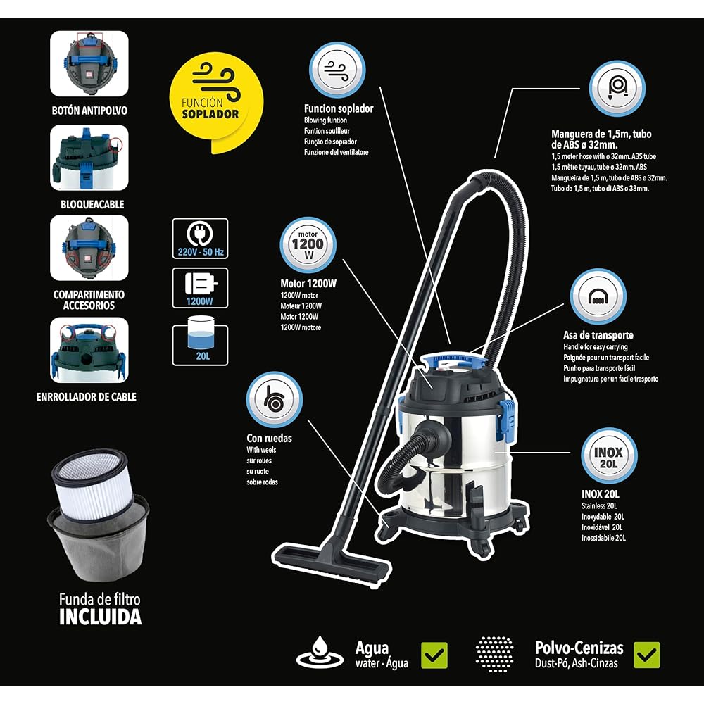 Bikain DIPL20L, Aspirateur 3 en 1-Liquide, Cendres et Poussière, Gris : Cuisine et Maison