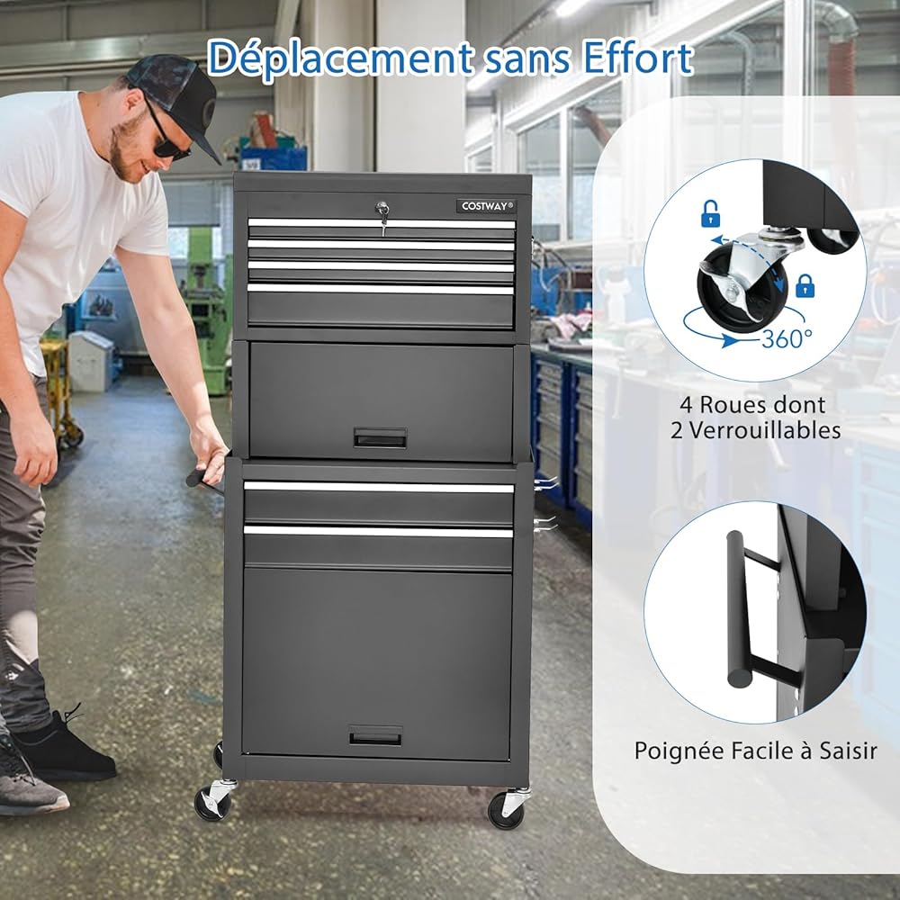 GOPLUS Chariot d’Atelier avec Coffre Amovible, Coffre à Outils Roulant avec 6 Tiroirs & Armoire à Étagère Réglable, pour Garage, Atelier, Charge 90kg(Noir) : Bricolage