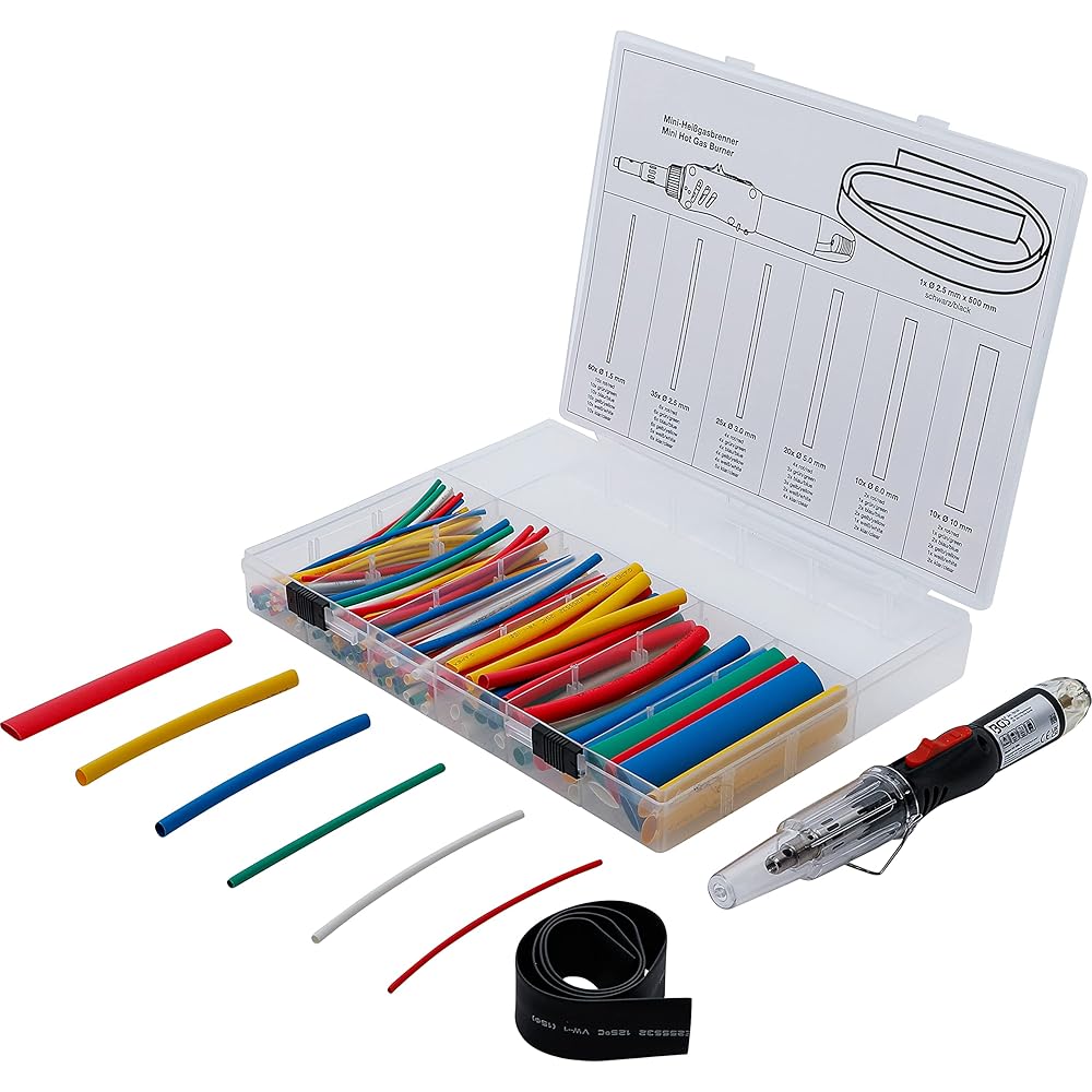 BGS 70143 | Mini chalumeau avec assortiment de gaines thermo-rétractables | colorés | avec ignition piézoélectrique | 162 pièces : Bricolage