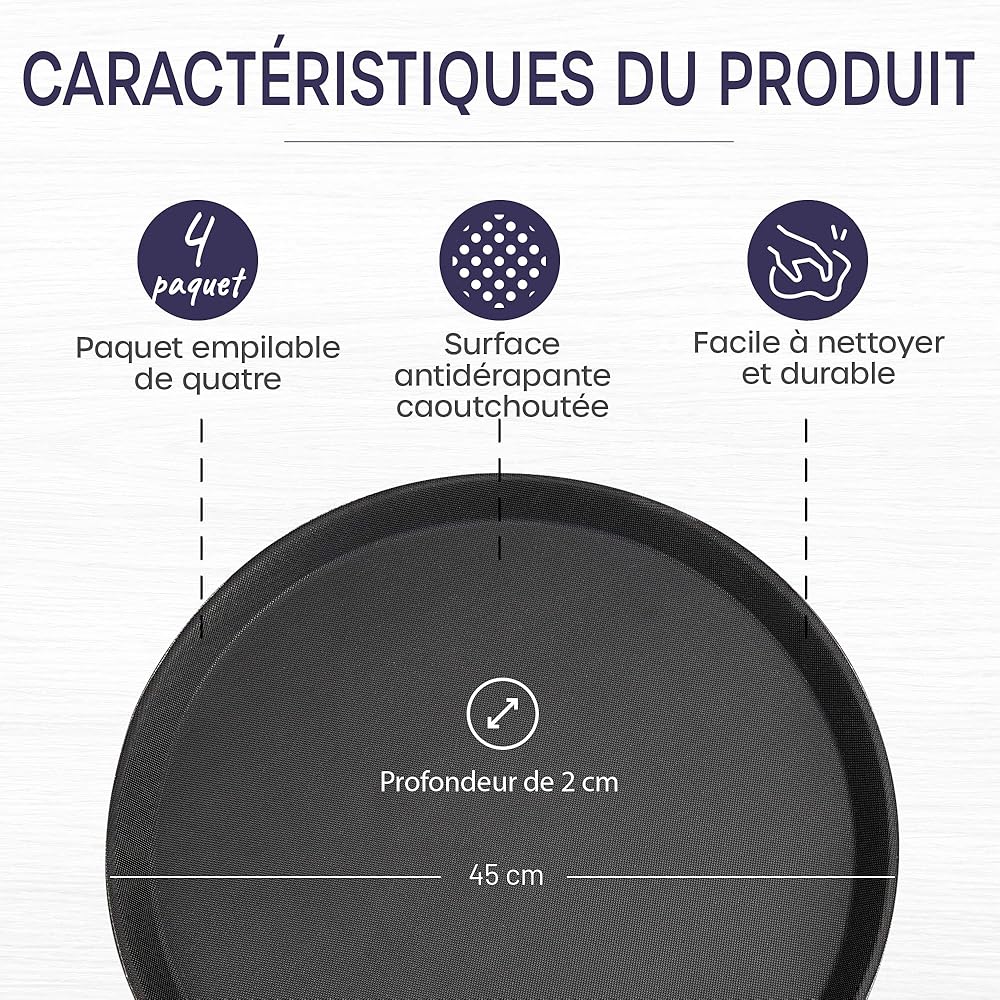 volila Plateau de Service Rond Non Dérapant - Pack de 4 (45 cm) Plateau Repas pour Service A Cafe et Boissons - Plateau Antidérapant pour Fêtes, Évènements, Bars, Restaurants et Maison : Cuisine et Maison