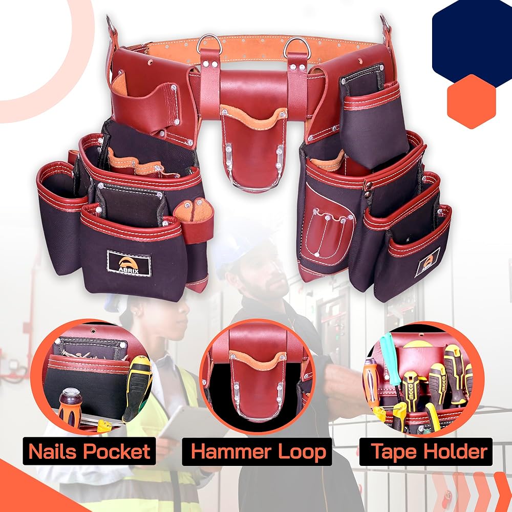 ABRIX, Ceinture à outils en toile et cuir, ceinture de charpentier, ceinture à outils réglable et robuste (76,2 à 132,1 cm), pochette à outils avec 28 poches : Bricolage