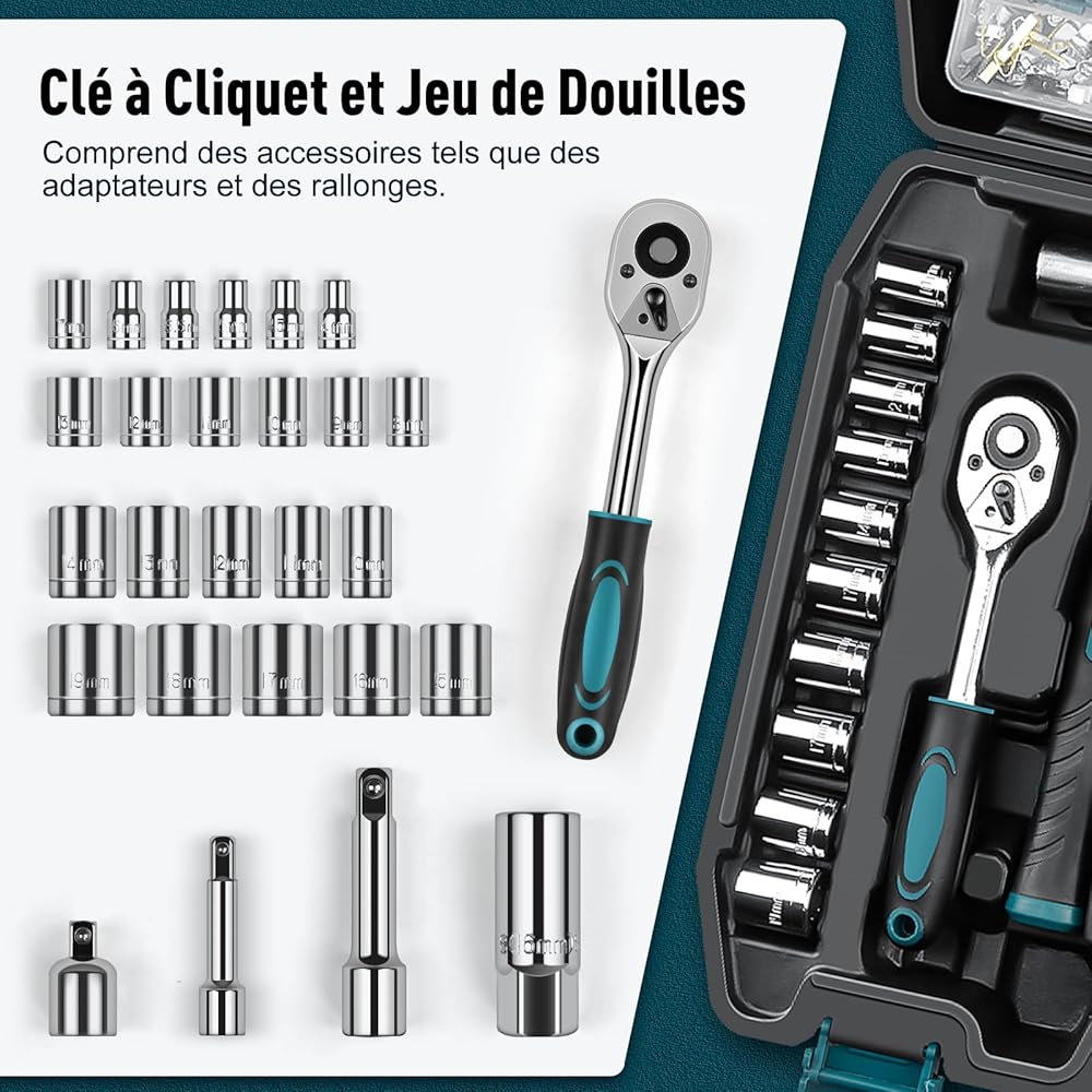 Sundpey Boite a Outils Complete 281 pièces - Caisse a outil pour Hommes et Femmes Malette Outils Complet Avec Ensemble de Clés à Douille Ensemble de Tournevis Clé Hexagonale Métrique Pinces : Bricolage
