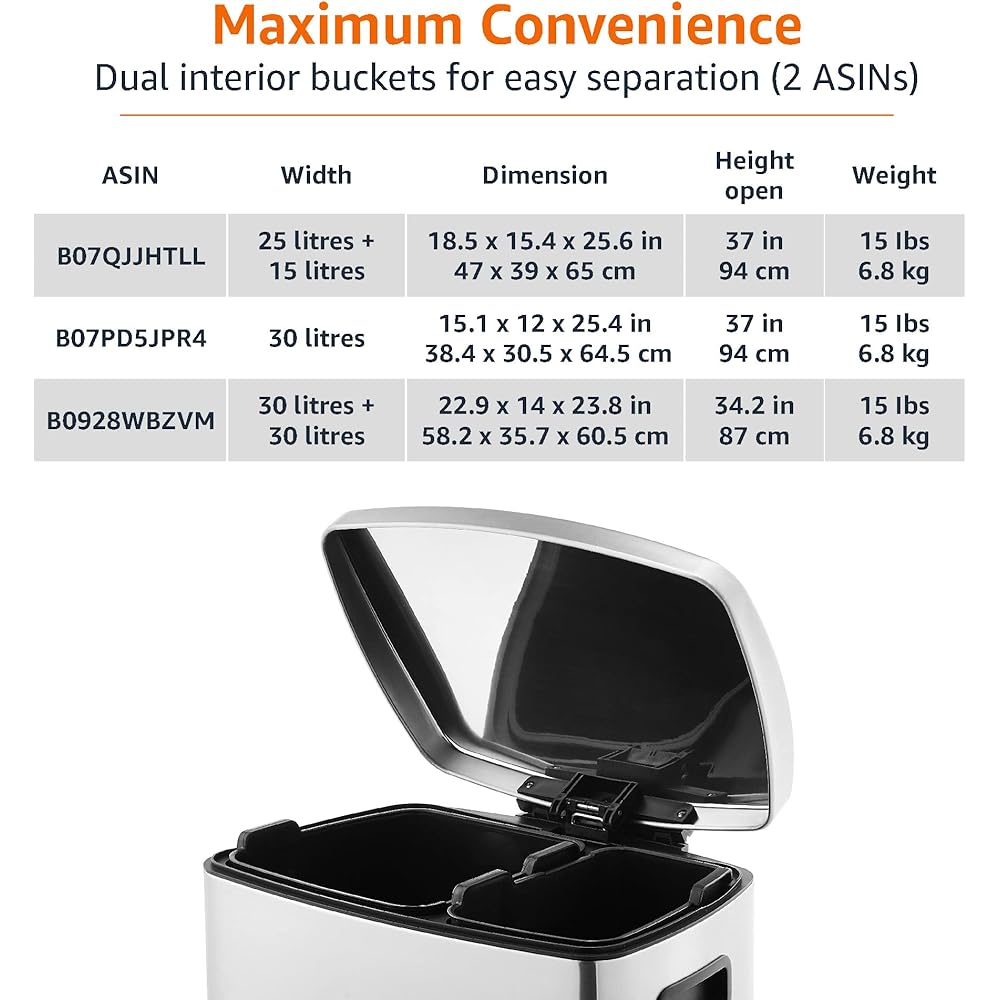 Amazon Basics Poubelle de recyclage rectangulaire à pédale avec 2 compartiments et couvercle à fermeture douce, 25 L & 15 L (40L), argent : Cuisine et Maison