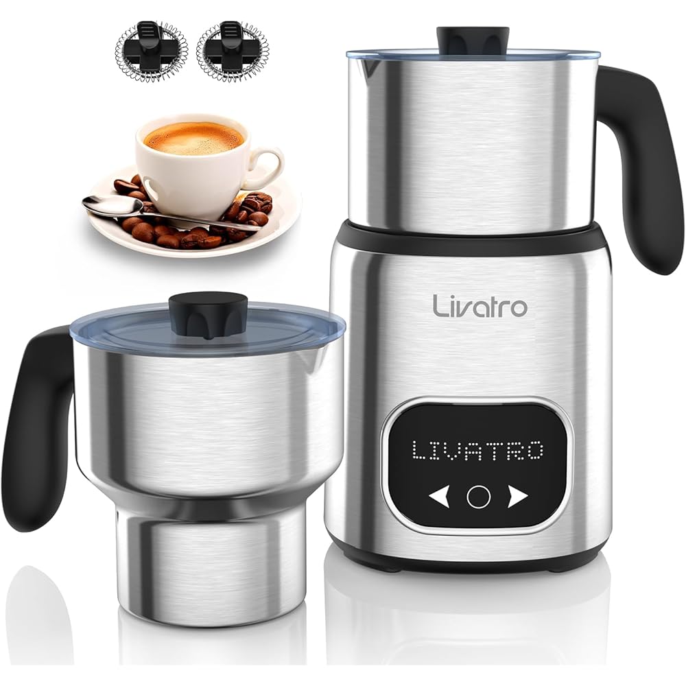 Livatro Mousseur à lait électrique avec double gobelets, 600 ml et 400 ml, passe au lave-vaisselle, avec fonction mémoire, mousse de lait chaude et froide, pour latte, cappuccino, lait au chocolat : Cuisine et Maison
