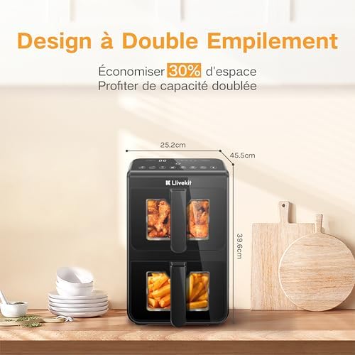 LLIVEKIT Friteuse sans huile 10L, 2 cavités 12-en-1 avec rôtissoire