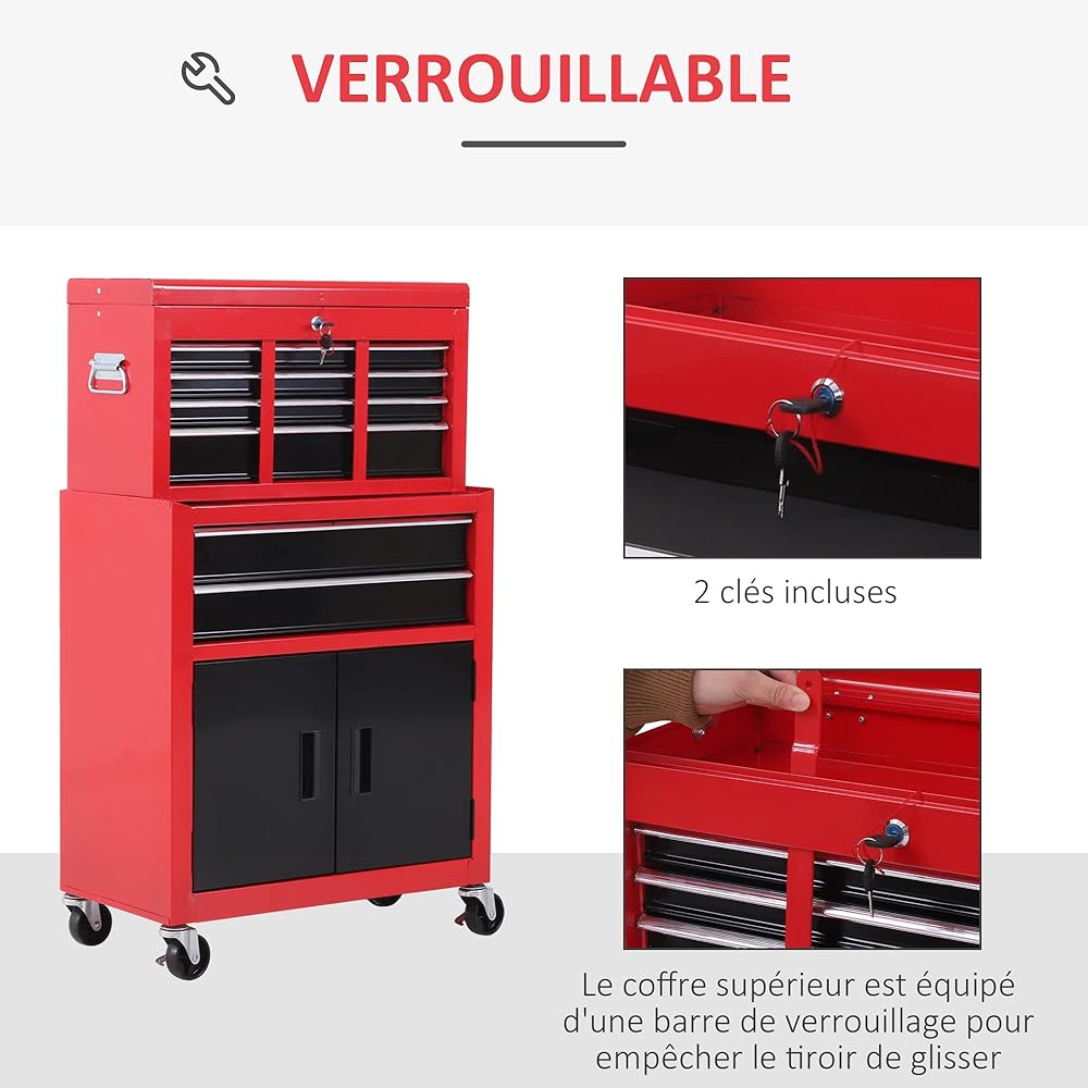 HOMCOM Servante d'atelier servante/Caisse à Outil 6 tiroir +1 Commode Coffre Amovible Chariot Acier Rouge et Noir : Bricolage