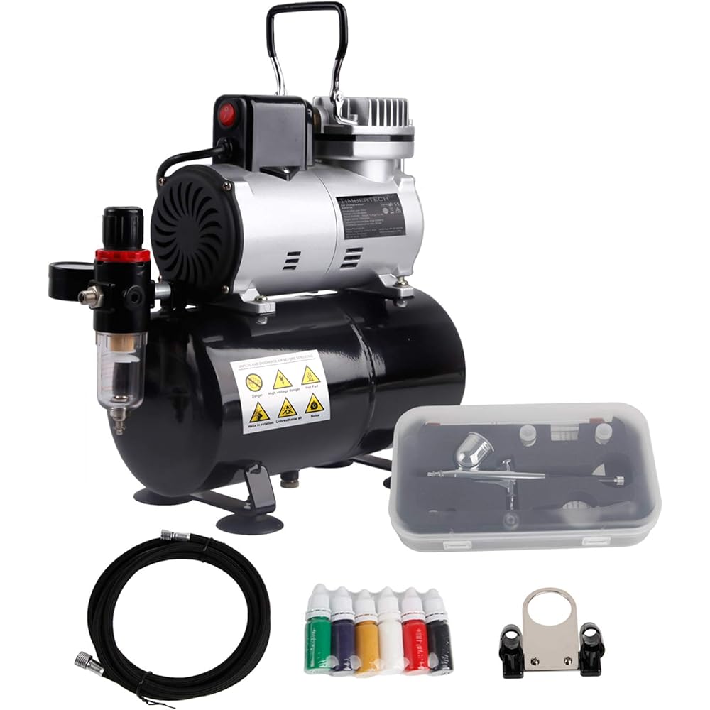 Timbertech ABPST08K Compresseur d'aérographe complet avec ventilateur de refroidissement amélioré, mini compresseur, pistolet aérographe et accessoires aérographe : Bricolage