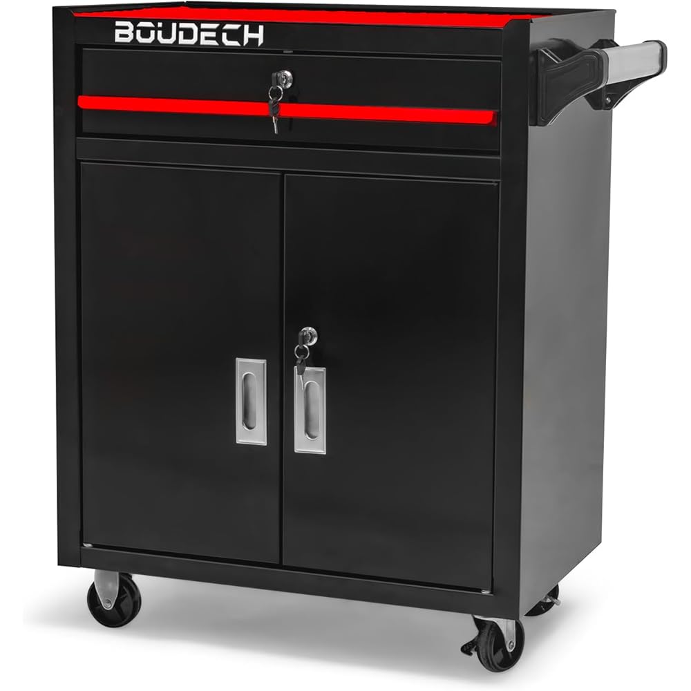 BOUDECH Buddy Chariot d'atelier à deux portes avec tiroir et serrure, armoire de garage avec roues autobloquantes, surface de travail avec tapis antidérapant : Bricolage