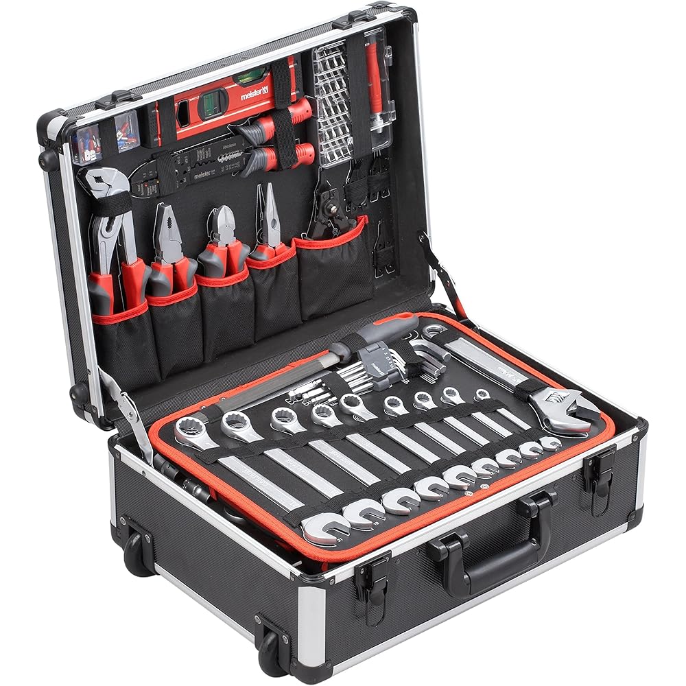 Meister Chariot à outils 156 pièces - Ensemble d'outils - Avec roulettes - Poignée télescopique / Mallette à outils professionnelle remplie / Boîte à outils roulante / 8971440 : Bricolage