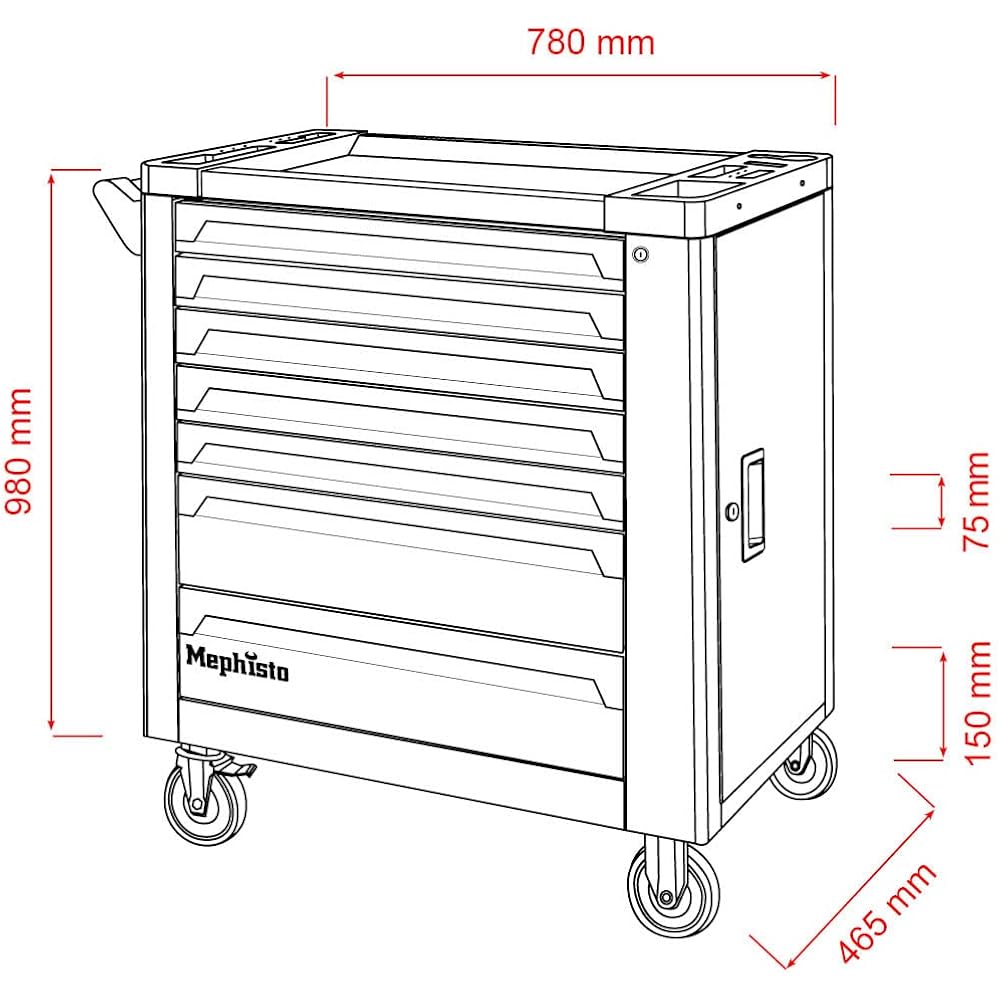 Mephisto Chariot d'atelier XXL Tool Wagen avec 7 tiroirs dont 7 avec outils dans des incrustations souples dans un tiroir rempli aspect carbone + insert supplémentaire avec clé à molette : Bricolage