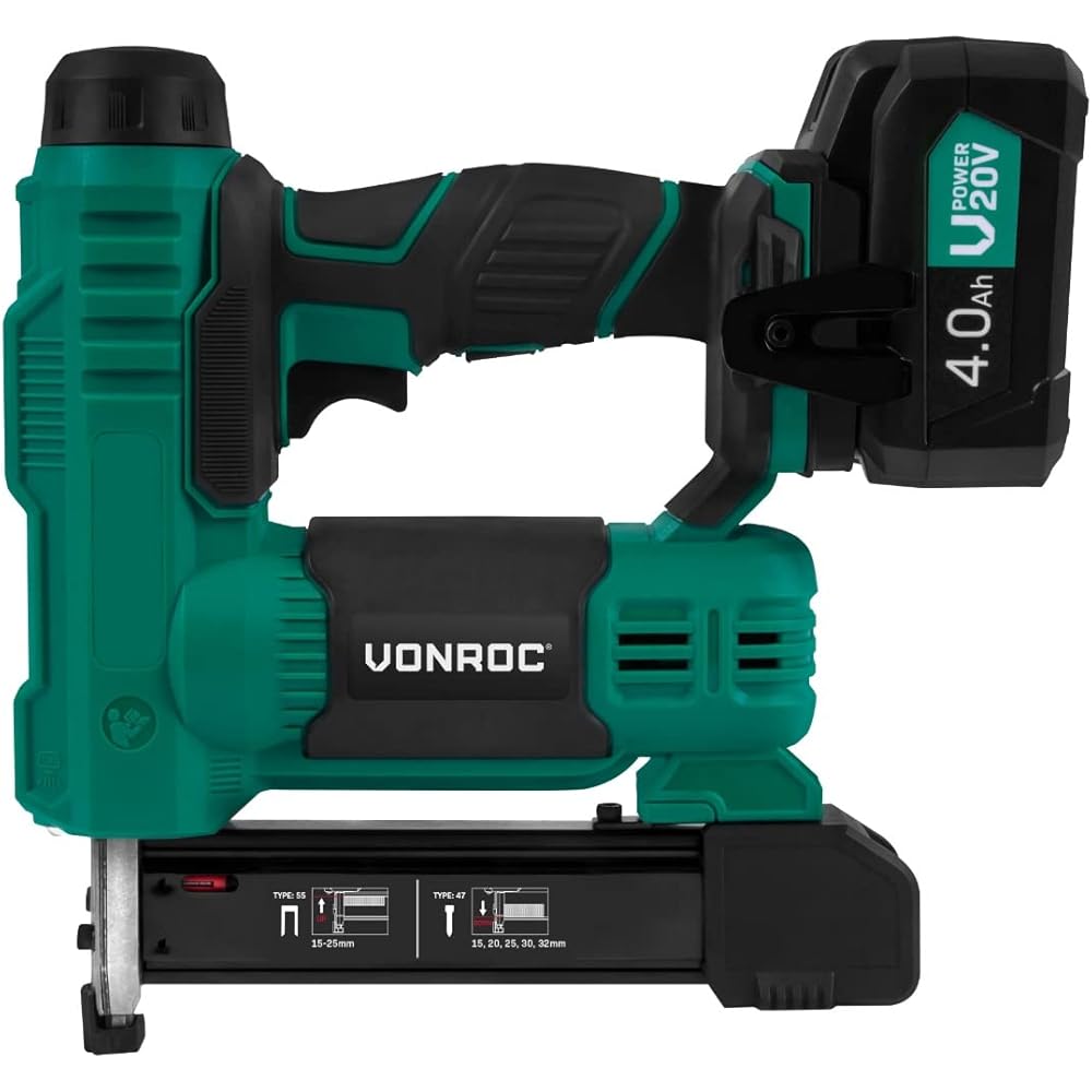 VONROC Agrafeuse Cloueuse Sans Fil 20V - Batterie 4.0Ah, 1000 Pièces d'Agrafes 20mm et 25mm, Chargeur Inclus - Taux Percussion 30 Clous/Agrafes par Minute - LED intégrée, Percussion Réglable : Bricolage