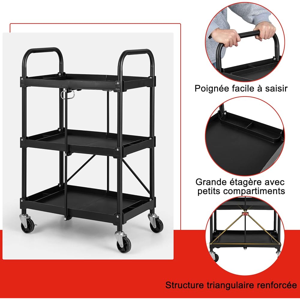 COSTWAY Chariot Servante d'Atelier à 3 Niveaux Pliant avec Roues Universelles, Chariot à Outils 4 Rainures et Mains Courantes Charge 45KG, 61 x 44 x 96 cm Noir : Commerce, Industrie et Science