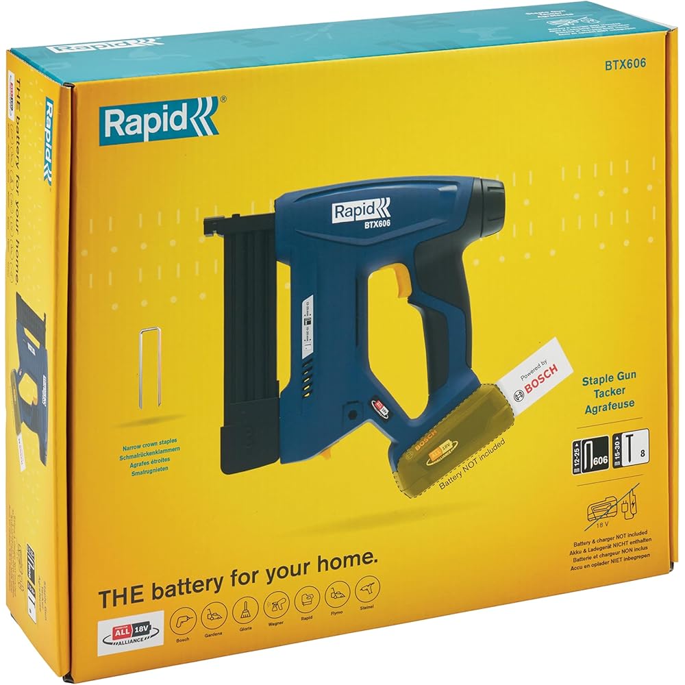 Rapid BTX606 - Agrafeuse Murale P4A 18V, Agrafeuse-Cloueuse Électrique Sans Fil à Batterie, pour Agrafes à Couronne Étroite & Pointes, Bois Dur & Tendre - Batterie Non Incluse (5001505) : Bricolage