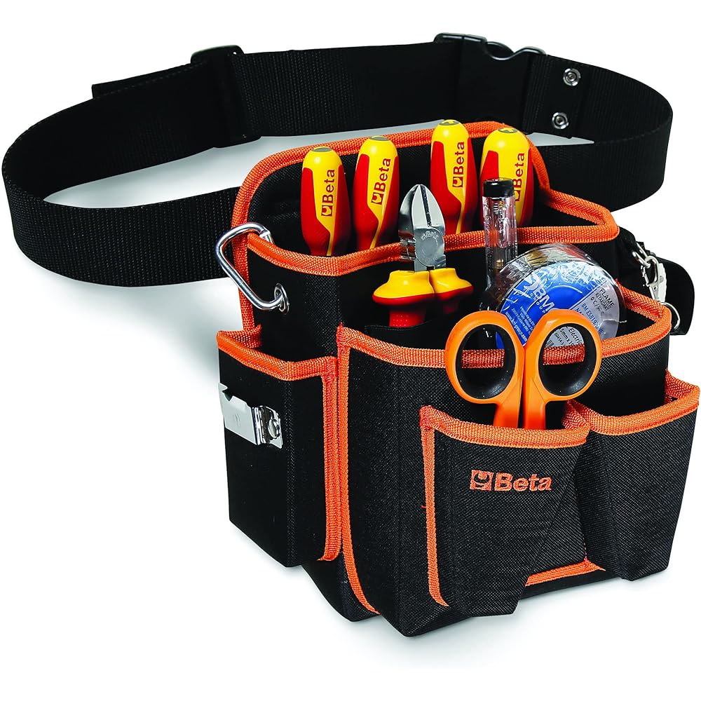 BETA - 2005PA/ET Porte-outils en nylon avec assortiment de 8 outils électrotechniques, tissu résistant aux chocs, ceinture réglable, poches pratiques pour outils et crochets, 020050035 : Bricolage