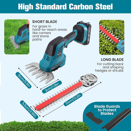 2 en 1 Taille-Haies sans Fil 21V, Cisaille à Gazon Electrique avec Batterie 2 x 1500mAh et 2 Lames, Lame Longue 31 cm/Lame Courte 15 cm, pour Jardin, Pelouse, Arbustes,Gazon : Jardin