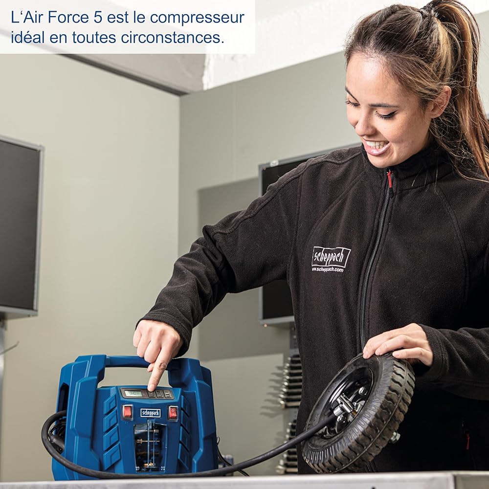 : Scheppach Compresseur Portatif Airforce5 | 150W | Affichage digital | Raccordement 12V-230V pour voiture/voiture | 8bar de pression | Forte admission d'air de 180 L/min | Accessoires inclus