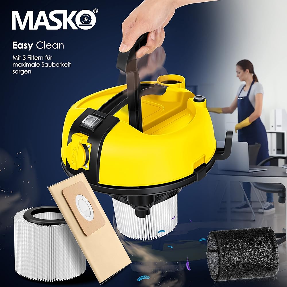 Masko Aspirateur eau et poussière 2300 W cuve en acier inoxydable avec fonction soufflage et prise électrique