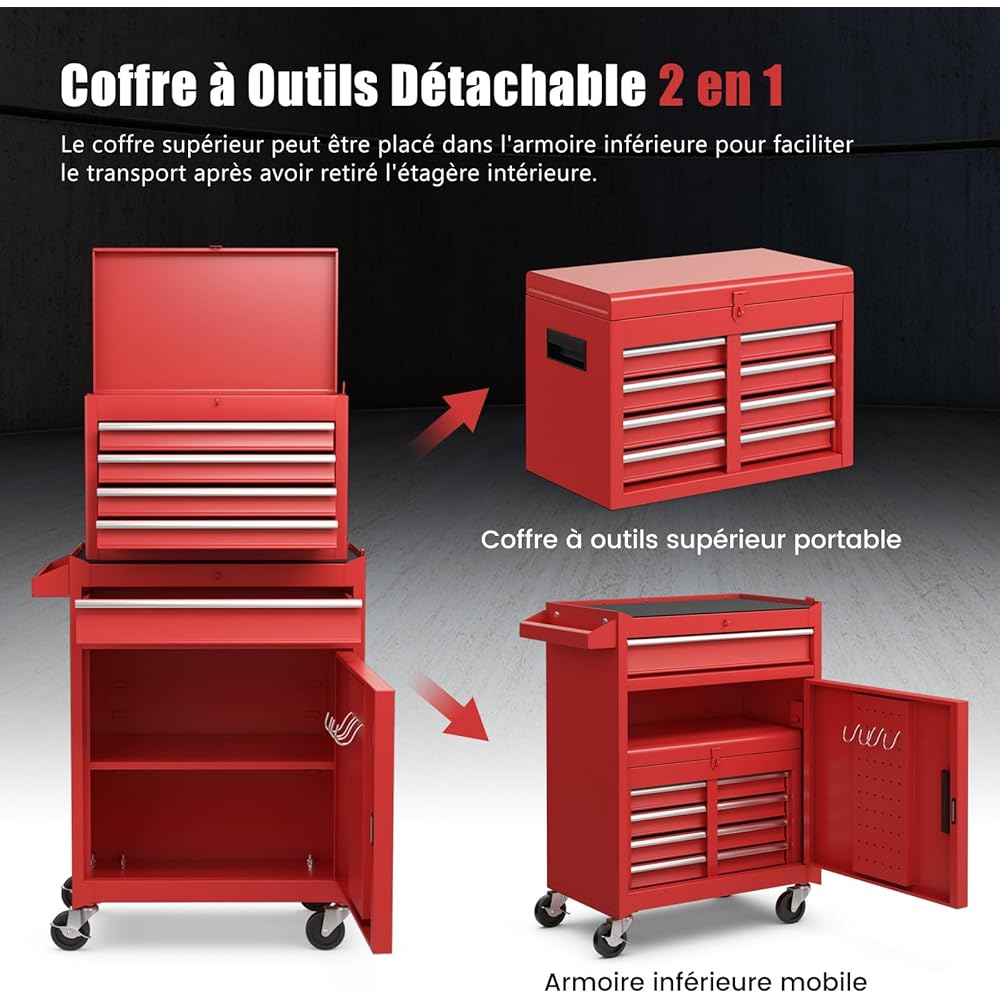 GYMAX Servante d'Atelier Outils, avec Coffre Amovible, 5 Tiroirs, 2 Grande Étagère, Caisse à Outil Roulante, Chariot d’Atelier, 4 Roues Universelles(2 avec Freins), Établi pour Bricolage Automobile : Bricolage