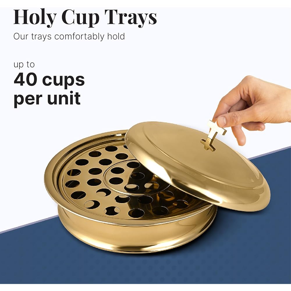2 plateaux de service pour vin sacré avec couvercle et 2 assiettes à pain empilables avec un couvercle + 80 tasses – Acier inoxydable (laiton/doré brillant) : Cuisine et Maison