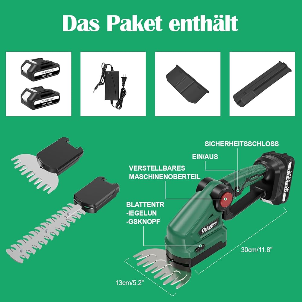 ASUNCELL Sécateur et taille-haie sans fil 2 en 1, cisaille à gazon avec cisaille à arbustes et couteau à gazon (18 V, avec 2 batteries 3000 mAh et chargeur) Longueur de la lame : 22 cm (arbuste) / 13 : Jardin