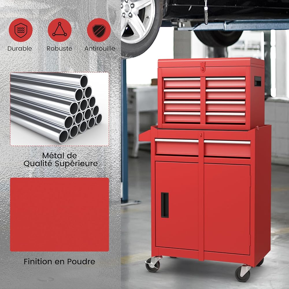 GYMAX Servante d'Atelier Outils, avec Coffre Amovible, 5 Tiroirs, 2 Grande Étagère, Caisse à Outil Roulante, Chariot d’Atelier, 4 Roues Universelles(2 avec Freins), Établi pour Bricolage Automobile : Bricolage