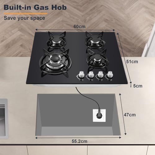 TopStrong Plaque de cuisson gaz 4 feux verre noir