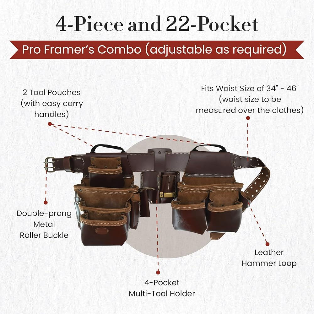 Style n Craft Combinaison de cadre professionnel 4 pièces et 22 poches, ceinture à outils avec 2 pochettes à outils, un porte-outils multifonction à 4 poches et 1 boucle pour marteau en cuir, ceinture : Cuisine et Maison